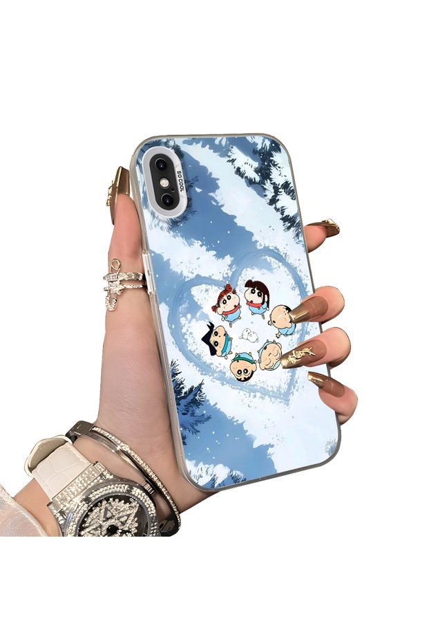 حافظة هاتف متوافقة مع iPhone XS مصنوعة من السيليكون ذات حافة صلبة وخلفية صلبة بنمط الرسوم المتحركة للزوجين