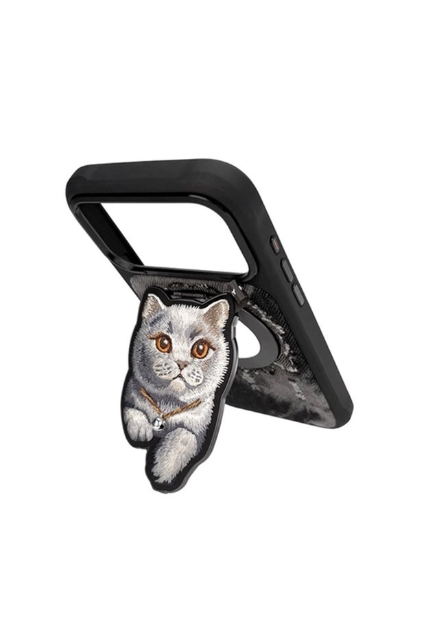 iPhone 18 Pro Max Compatible Magsafe Embroidered Cat Mirror Detail Real Denim Detailed Case with Stand
