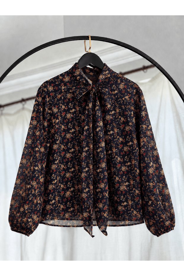 Mini Floral Pattern Chiffon Blouse with Scarf - 611 - Black