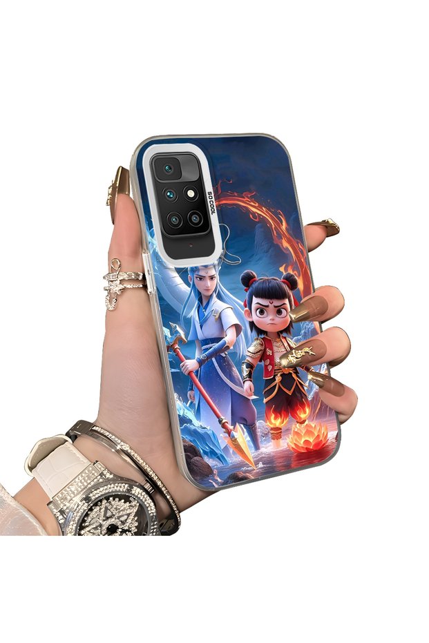 Redmi 10 2022 Compatible Silicone Edge Hard Back Case Nezha Patterned Couple Phone Case