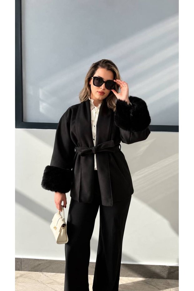 Women's Fur-Collared Shawl Collar Short Tie-Up Coat