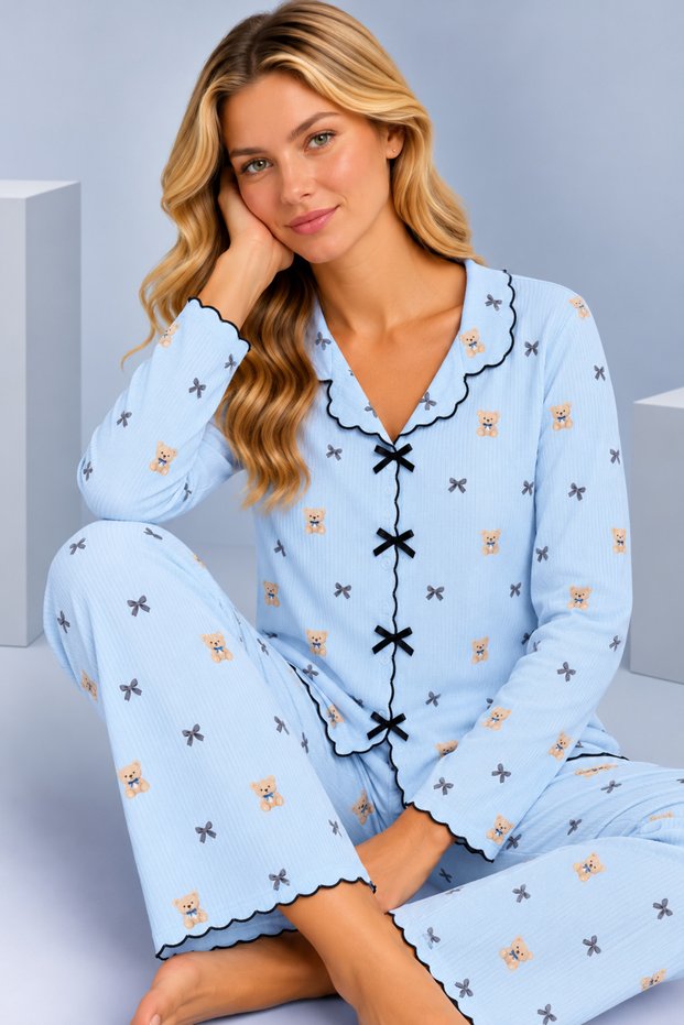 Women's Patterned Bow Detailed Buttoned Long Sleeve Muslin Pajama Set
