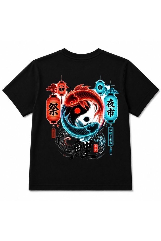 Japanese Yin Yang Koi Fish Sakura Lantern Front & Back Graphic Kids T-Shirt