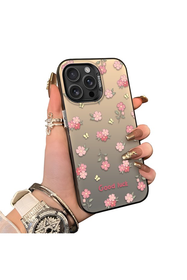 For iPhone 16 Pro Compatible Silicone Edge Hard Back Case Floral Pattern Couple Phone Case
