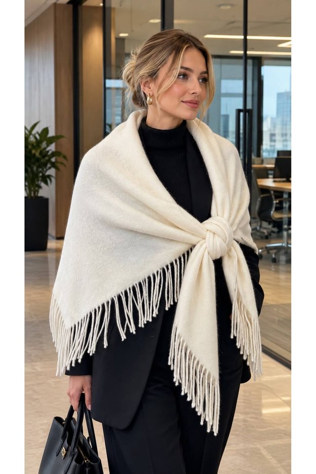 Ecru Wool Knitwear Tasseled Inner-Looped Triangle Women's Shoulder Shawl