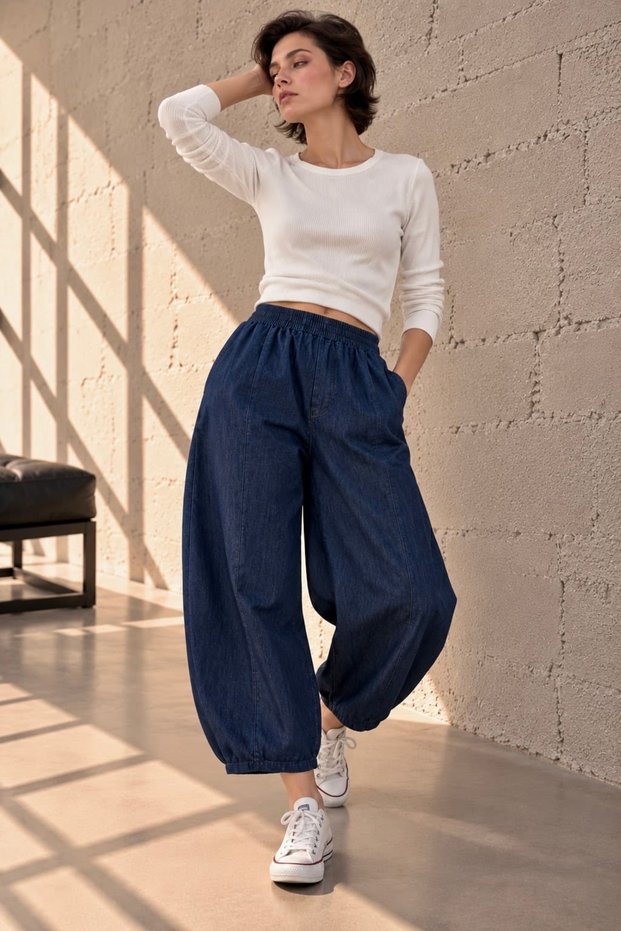 Draped Denim Balloon Cut Women's Trousers with Elastic Waist My3535