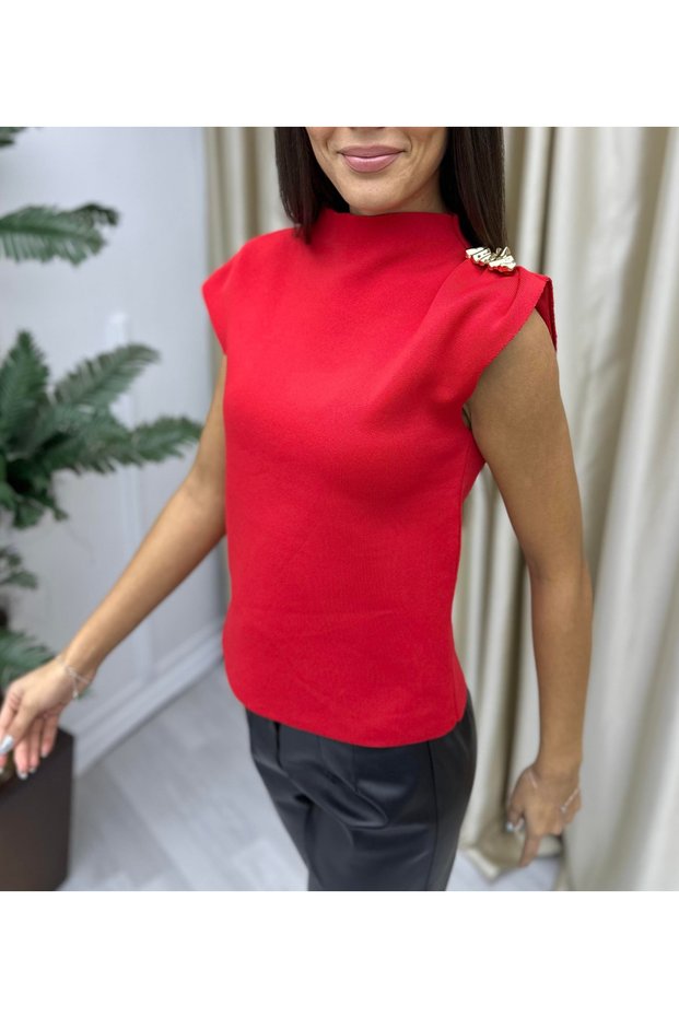 Red Star Brooch Knitwear Blouse - 2Y4533