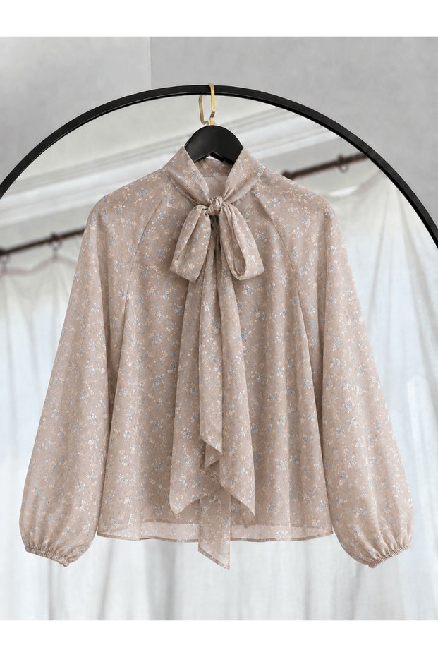 Mini Floral Pattern Chiffon Blouse with Scarf - 611 - Mink