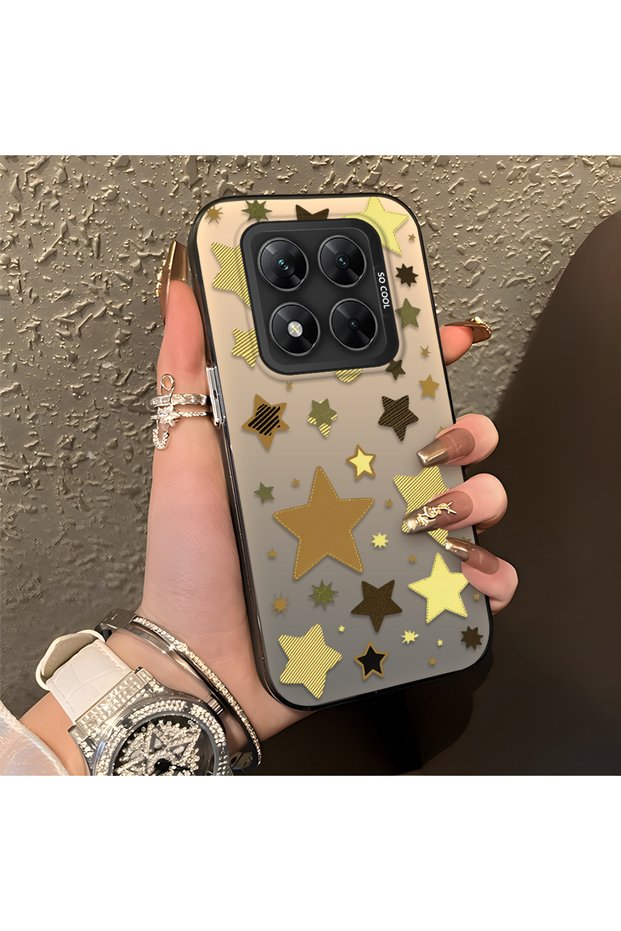 Poco X7 Compatible Retro Coffee Tone Star Sticker Printed Case, Aesthetic Design
