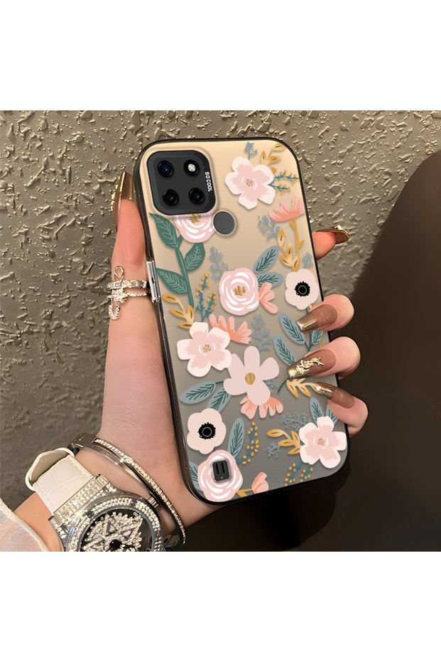 Realme C25Y/C21Y Compatible Pink Spring Flower and Green Leaf Pattern Phone Case, Shock Protection