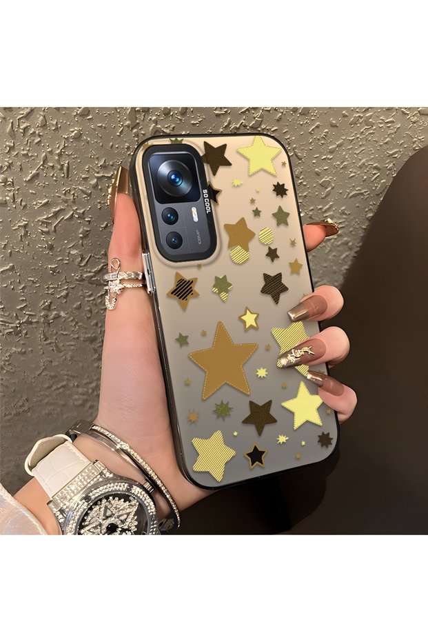 Mi 12T/12T Pro Compatible Retro Coffee Tone Star Sticker Printed Case, Aesthetic Design