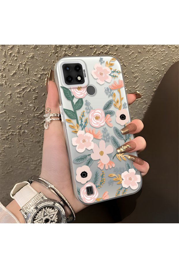 Realme C21 Compatible Pink Spring Flower and Green Leaf Pattern Phone Case, Shock Protection