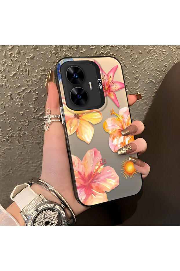 Realme C55 Compatible Watercolor Tropical Flower and Sun Pattern Phone Case, Shock Protection