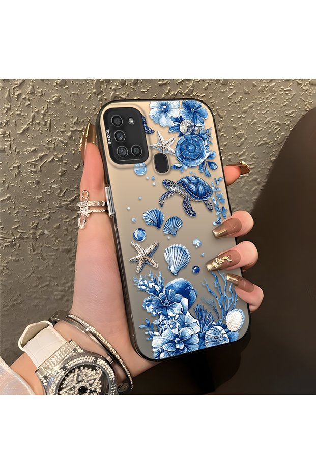 Samsung Galaxy A21S Compatible Blue Turtle, Shell and Coral Pattern Cover, Shock-Absorbing Structure