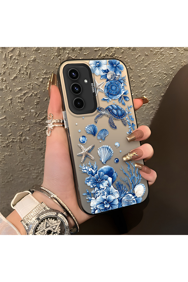 Samsung Galaxy A54 Compatible Blue Turtle, Shell and Coral Pattern Cover, Shock-Absorbing Structure