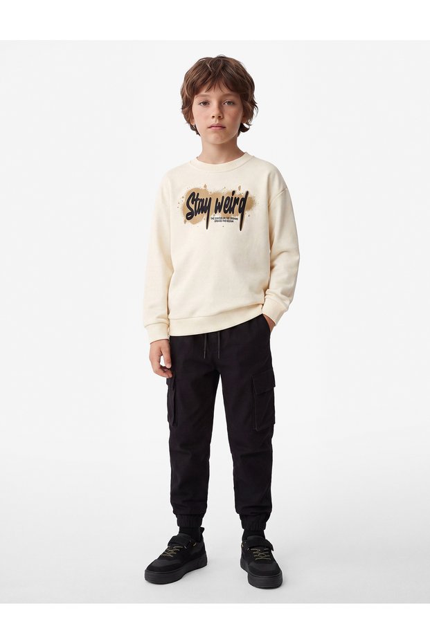 Ruffled Crew Neck Long Sleeve Printed Sweatshirt