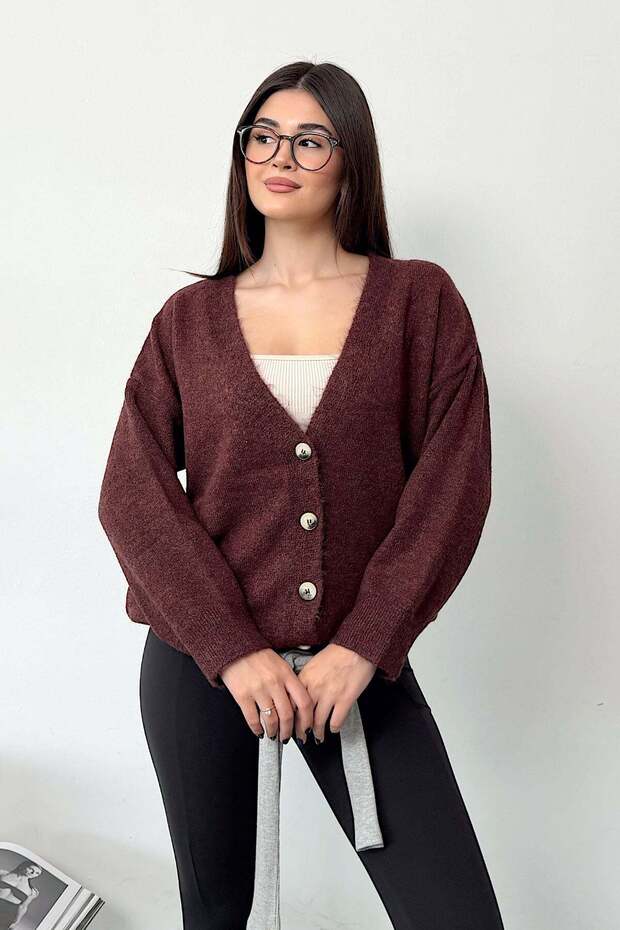 Women's V-Neck Buttoned Knitwear Cardigan Claret Red - 27K 2664