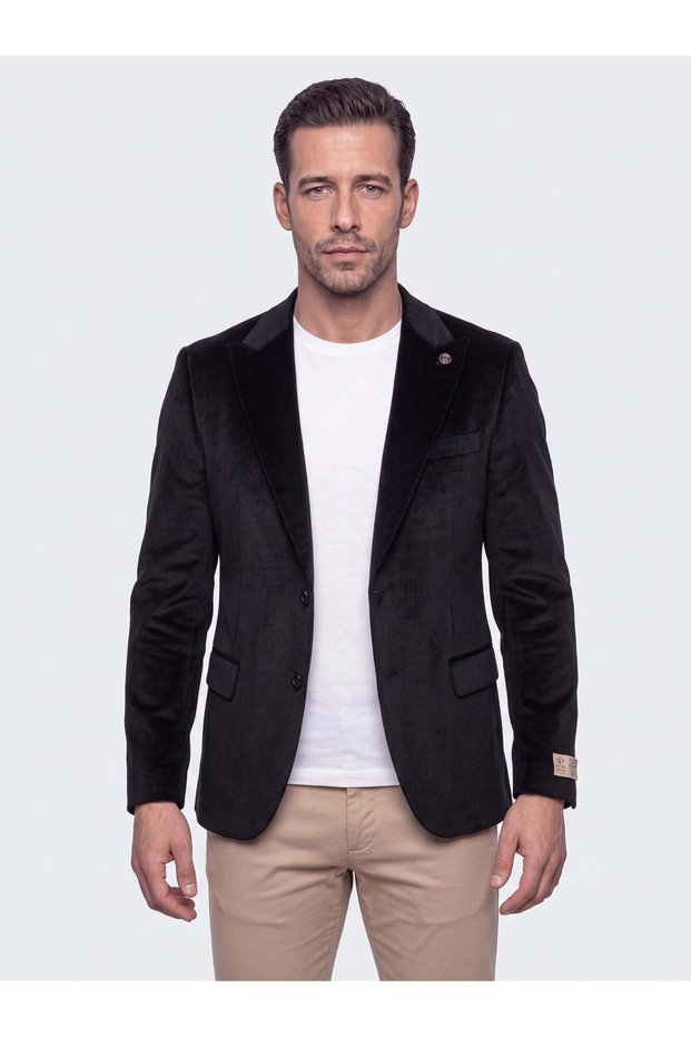 Black Pointed Collar Slim Fit 6 Drop Men's Casual Velvet Jacket