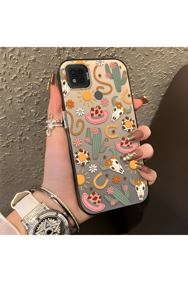 Poco C31 Compatible Western Cowboy Cactus and Sun Pattern Phone Case, Shock Protection