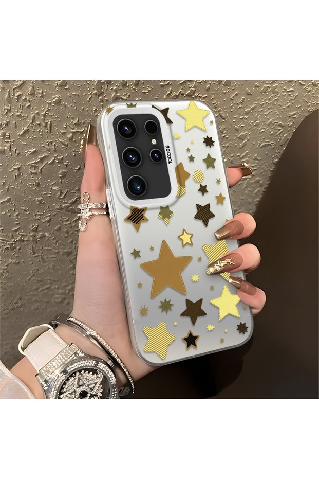 Samsung Galaxy S23 Ultra Compatible Retro Coffee Tone Star Sticker Printed Case, Aesthetic Design