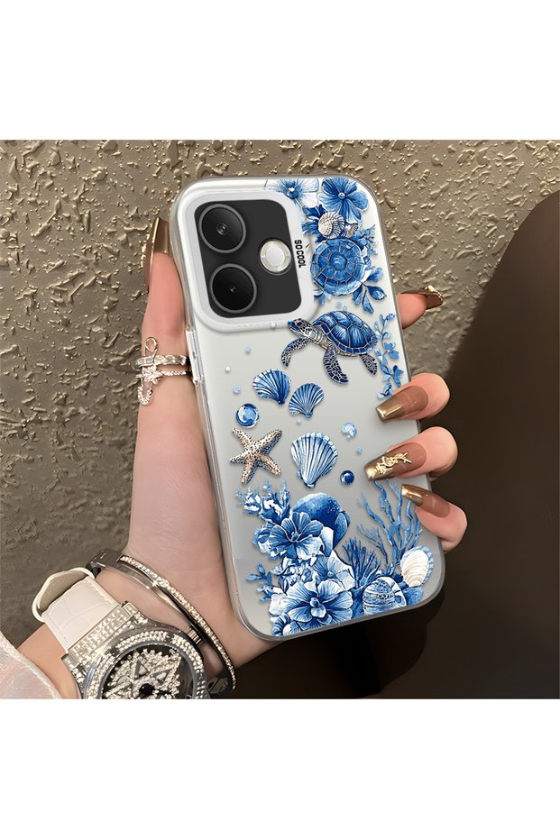 Oppo A5 Pro 4G/5G Compatible Blue Turtle, Shell, and Coral Pattern Cover, Shock-Absorbing Structure