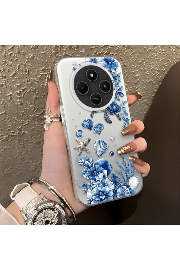 Redmi A4 Compatible Blue Turtle, Shell and Coral Pattern Cover, Shock-Absorbing Structure