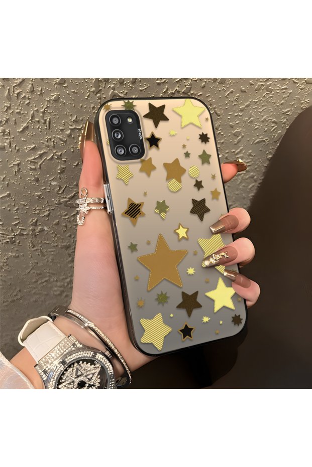 Samsung Galaxy A31 Compatible Retro Coffee Tone Star Sticker Printed Case, Aesthetic Design