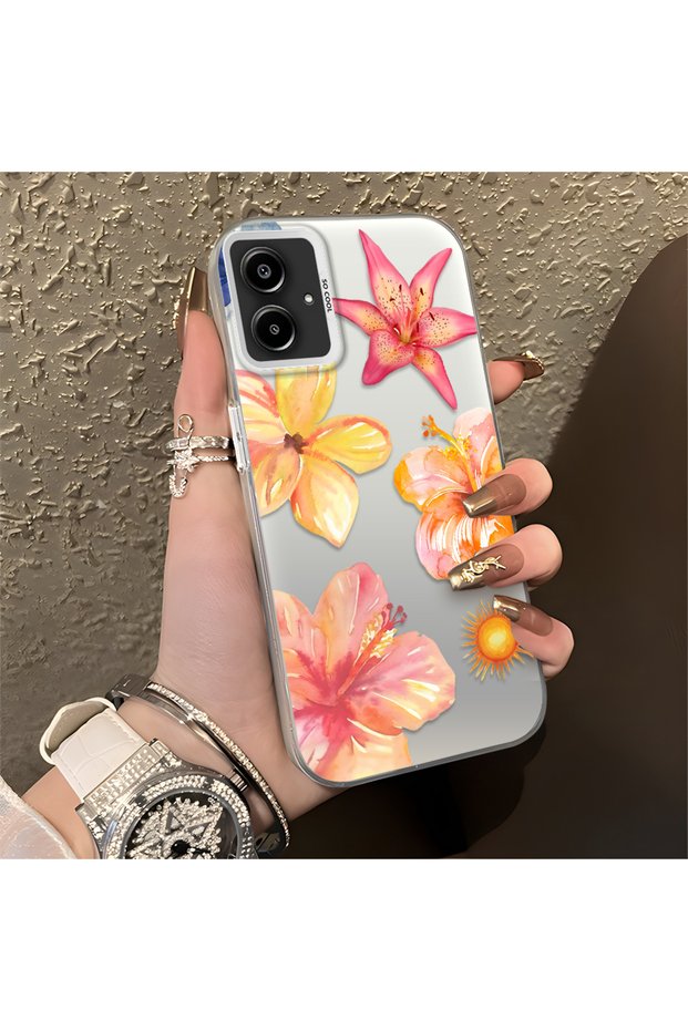 Samsung Galaxy A06 4G/5G Compatible Watercolor Tropical Flower and Sun Pattern Phone Case, Shock Protection