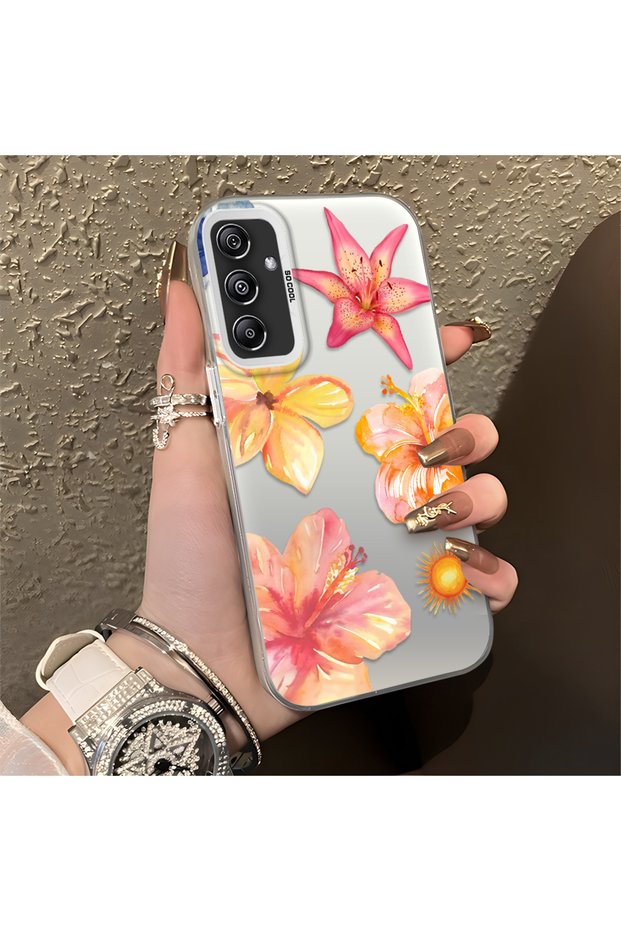 Samsung Galaxy M34 Compatible Watercolor Tropical Flower and Sun Pattern Phone Case, Shock Protection