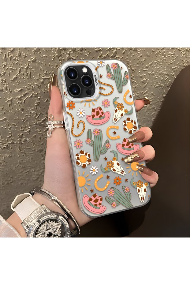 iPhone 15 Pro Max Compatible Western Cowboy Cactus and Sun Pattern Phone Case, Impact Protection