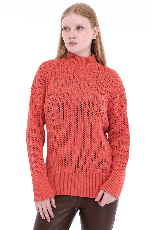 Pomegranate Flower Women's 100% Cotton Openwork Ribbed Knit Turtleneck Sweater Trist-6173