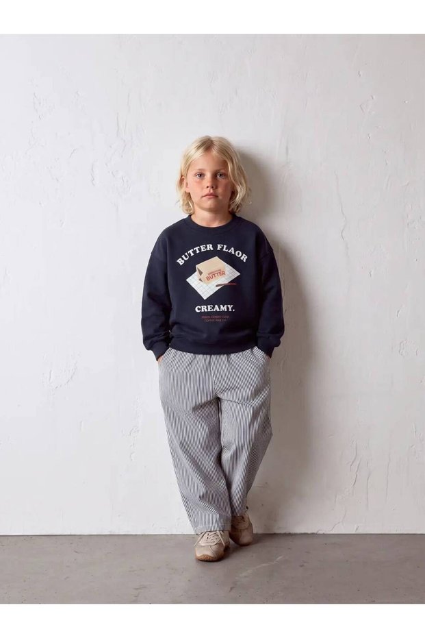 Boy's Navy Blue Butter Printed Sweatshirt - Crew Neck Oversize Sweatshirt