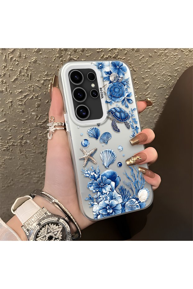 Samsung Galaxy S24 Ultra Compatible Blue Turtle, Shell, and Coral Pattern Cover, Shock-Absorbing Structure