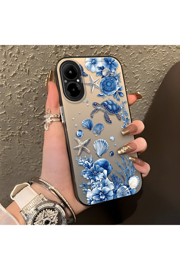 Realme C67 4g Compatible Blue Turtle, Shell and Coral Pattern Cover, Shock-Absorbing Structure