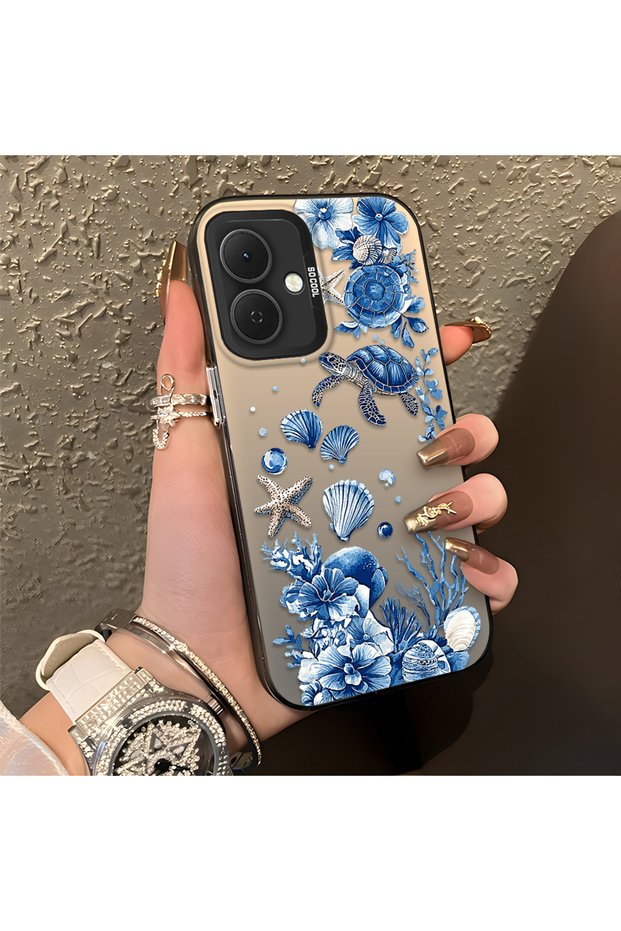 Tecno Spark Go 2 Compatible Blue Turtle, Shell and Coral Pattern Cover, Shock-Absorbing Structure