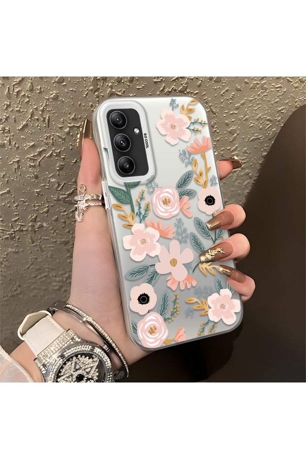 Samsung Galaxy A34 Compatible Pink Spring Flower and Green Leaf Pattern Phone Case, Shock Protection