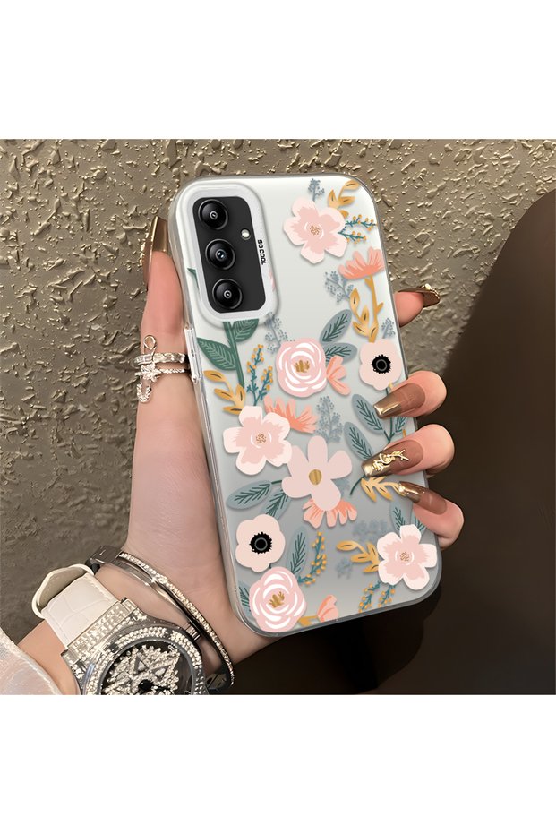 Samsung Galaxy A14 4G/5G Compatible Pink Spring Flower and Green Leaf Pattern Phone Case, Shock Protection