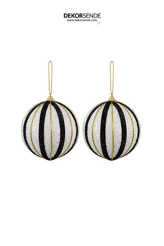 Christmas Tree Ball with Gold Stripe and Pearls, 2-Piece Set, Black and White, 12 cm