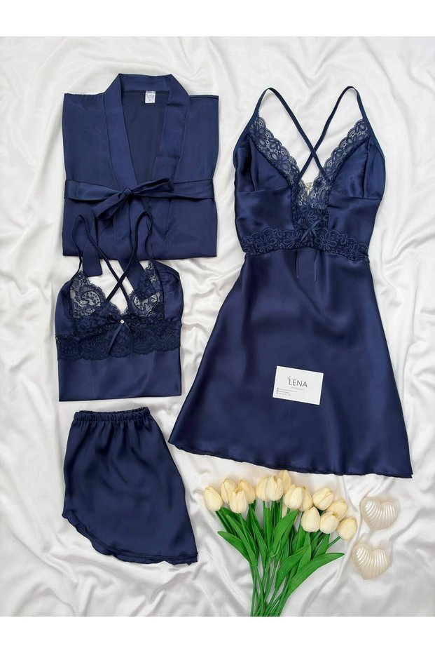 Women's Magic 4-Piece Lace Satin Nightgown, Robe and Shorts Set