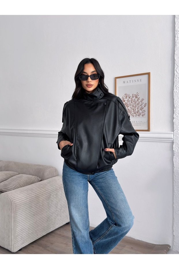 Black Oversize Stand Collar Leather Jacket