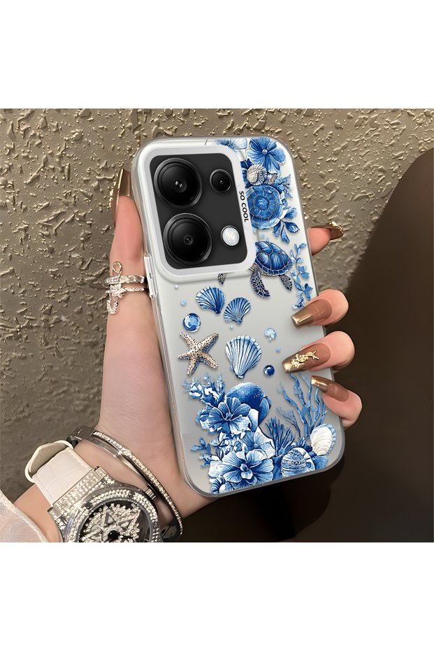 Redmi Note 14S Compatible Blue Turtle, Shell, and Coral Pattern Cover, Shock-Absorbing Structure