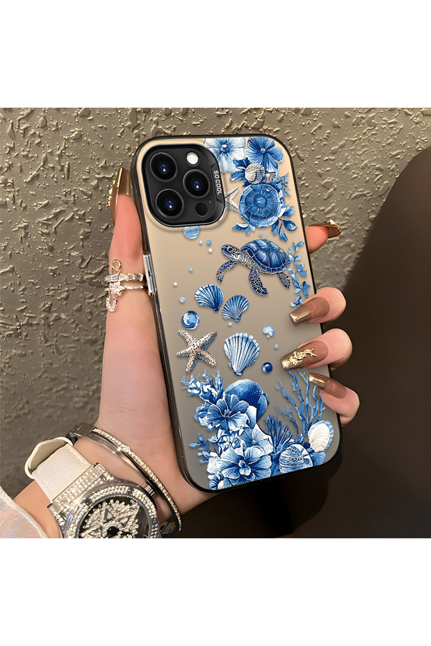 iPhone 12 Pro Max Compatible Blue Turtle, Shell and Coral Pattern Cover, Impact-Absorbing Structure