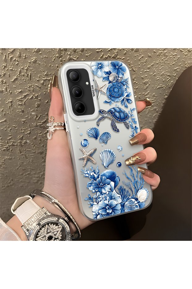 Samsung Galaxy A35 Compatible Blue Turtle, Shell and Coral Pattern Cover, Shock-Absorbing Structure