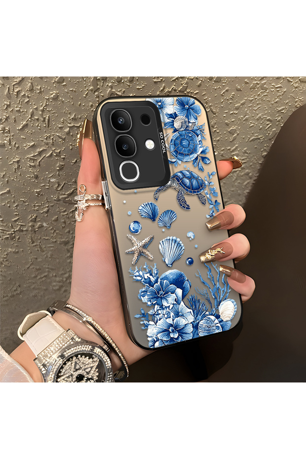 Vivo Y29 4g Compatible Blue Turtle, Shell and Coral Pattern Cover, Shock-Absorbing Structure