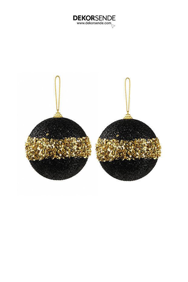 Christmas Tree Ball with Gold Sequins and Pearls, Set of 2, Black, 12 cm