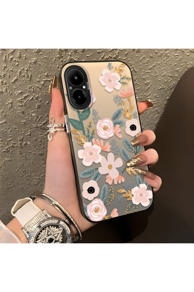 Realme C67 4g Compatible Pink Spring Flower and Green Leaf Pattern Phone Case, Shock Protection