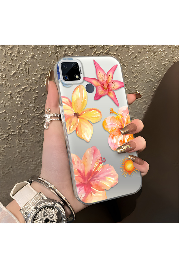 Realme C15/C25/C25S Compatible Watercolor Tropical Flower and Sun Pattern Phone Case, Shock Protection