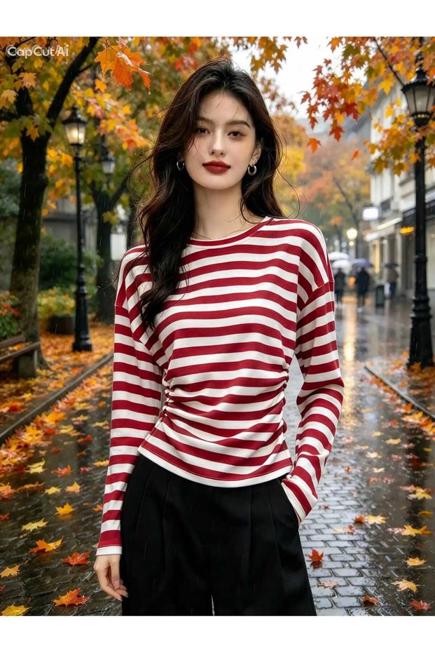 Women's Striped Crew Neck Long Sleeve Blouse