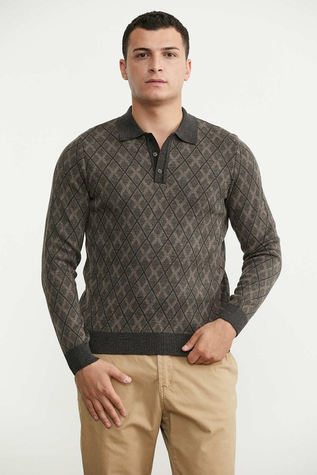 Polo Collar Patterned Wool Knit Sweater - Anthracite