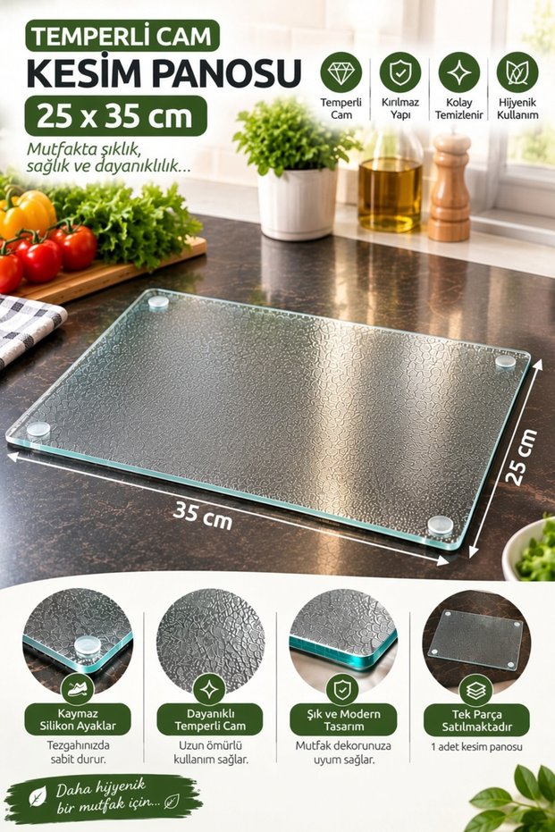 25X35 cm Tempered Glass Cutting Board – Kitchen Board with Non-Slip Silicone Base